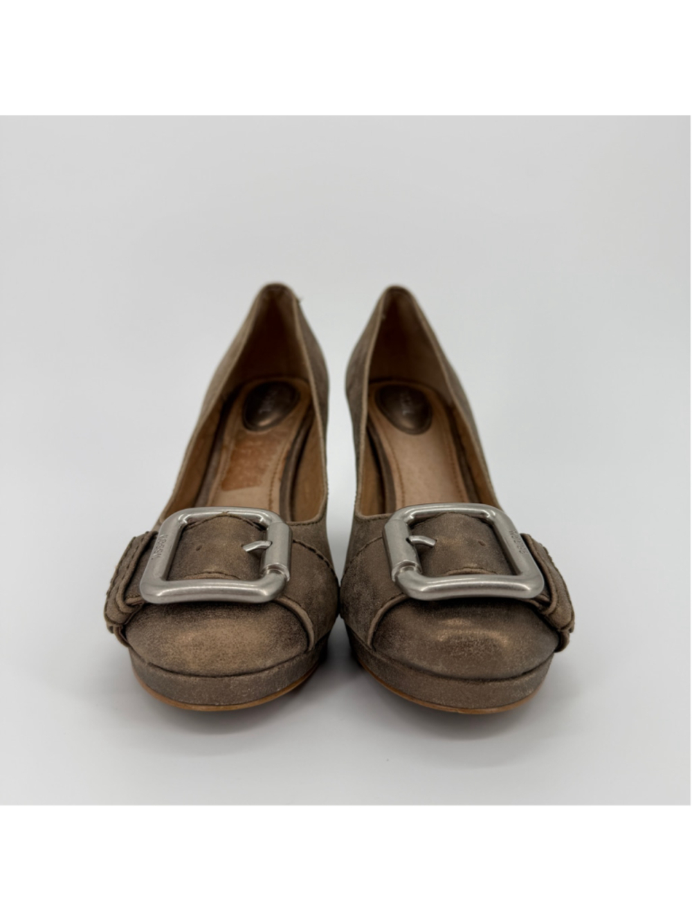Fossil Bronze Block Heel Pumps with Silver Buckle Leather Size 8.5